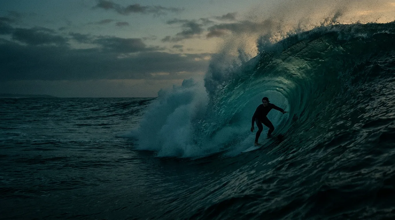 Surfista dentro il barrel di un'onda scura al crepuscolo